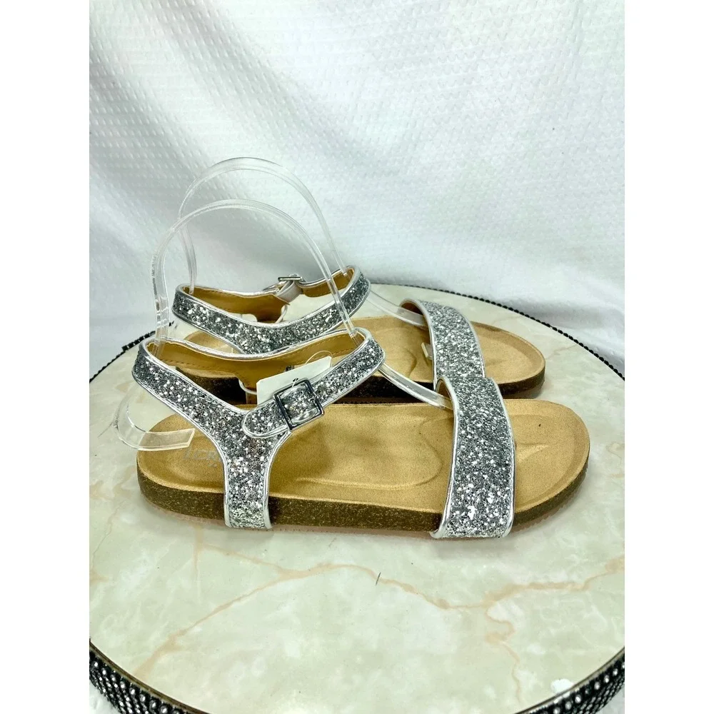 Crewcuts Glitter Two Strap Buckle Sandals Kids 5 Silver Sparkle Comfy Shoes NEW